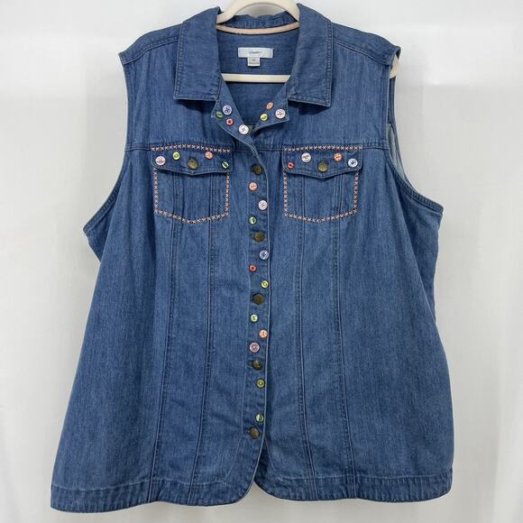 CJ Banks Size 3X Denim Vest Multicolor Button Embellished Stitching Button Down - Picture 1 of 6